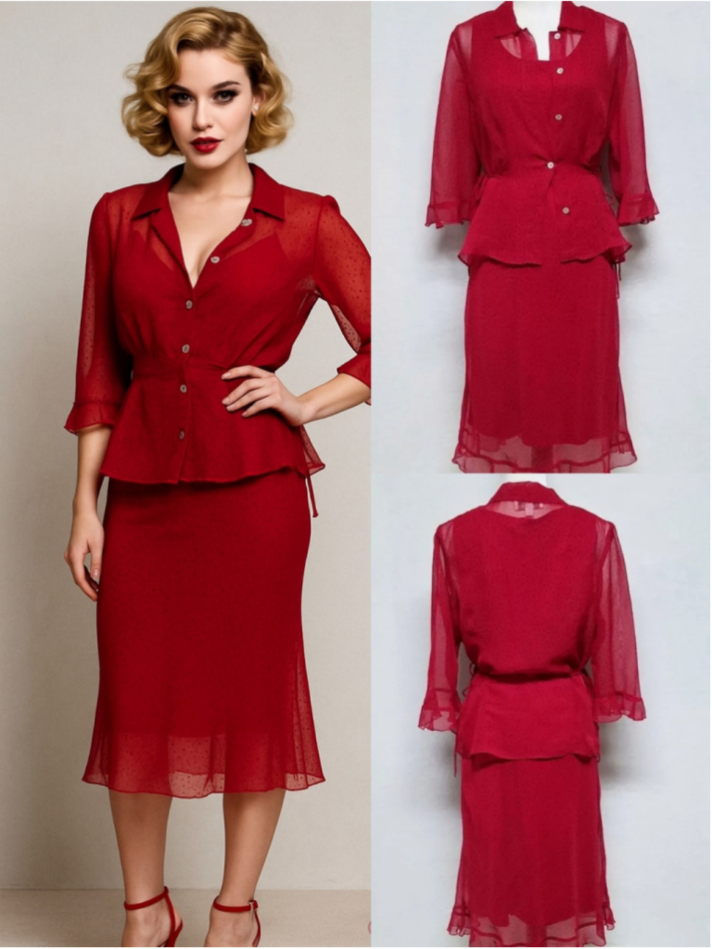 Vintage Donna Ricco Red Black Polka Dot Sleeveless Dress Botton Up Cardigan 8